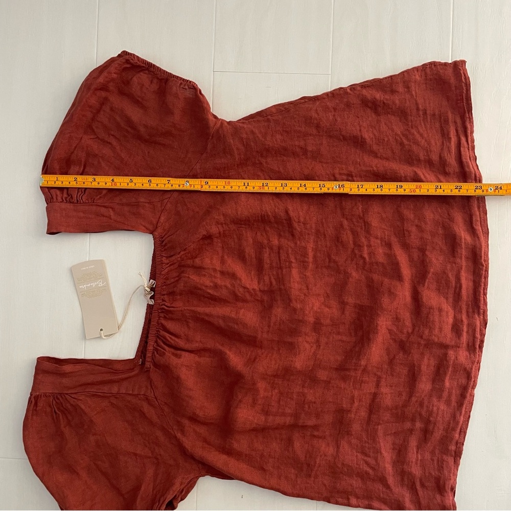 Italian Made Bellambra 100% Linen Blouse Top Puff Sleeve Rust Terracotta Large - Picture 6 of 14
